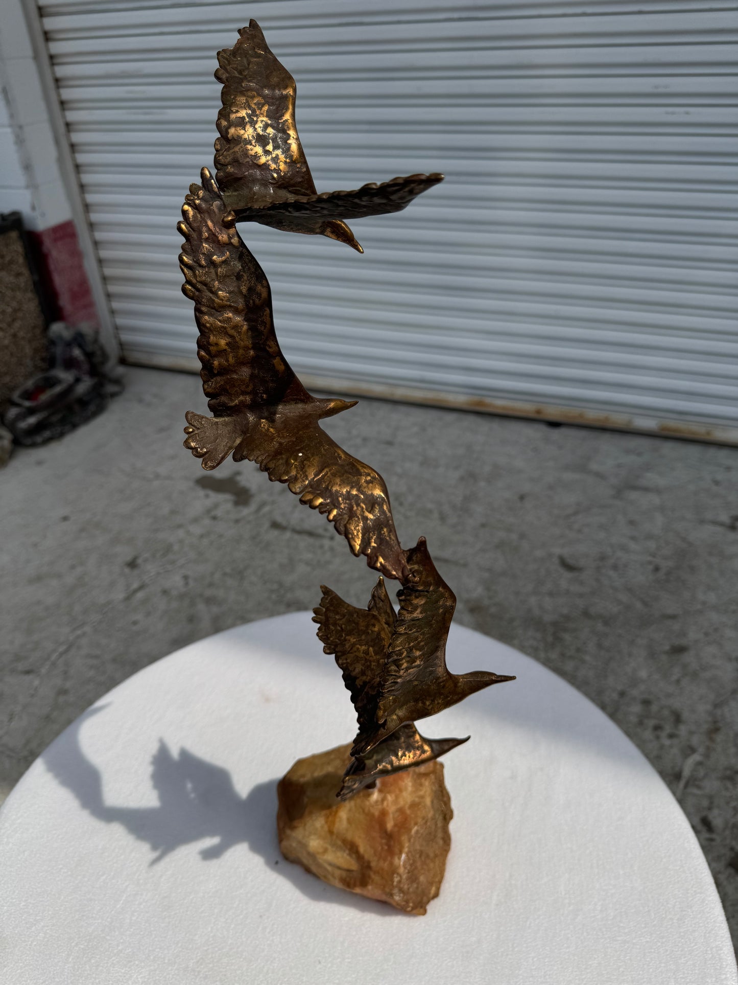 Bronze and Stone Three Birds in Flight Sculpture