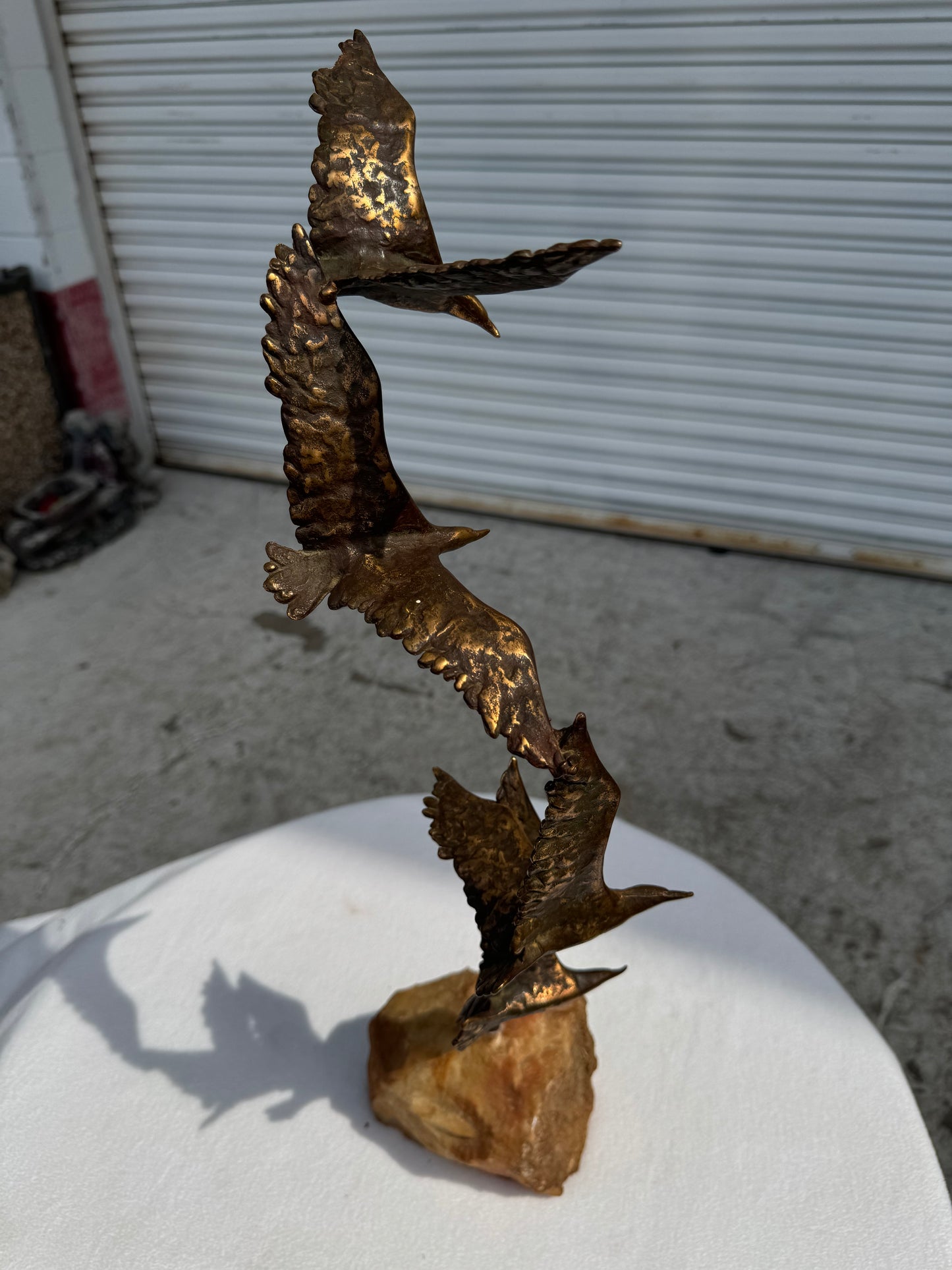 Bronze and Stone Three Birds in Flight Sculpture