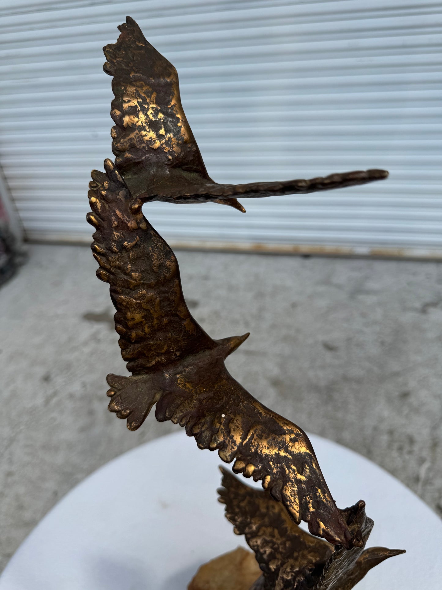 Bronze and Stone Three Birds in Flight Sculpture