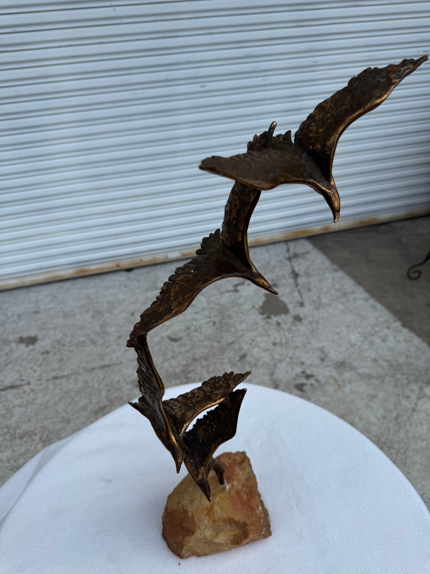 Bronze and Stone Three Birds in Flight Sculpture