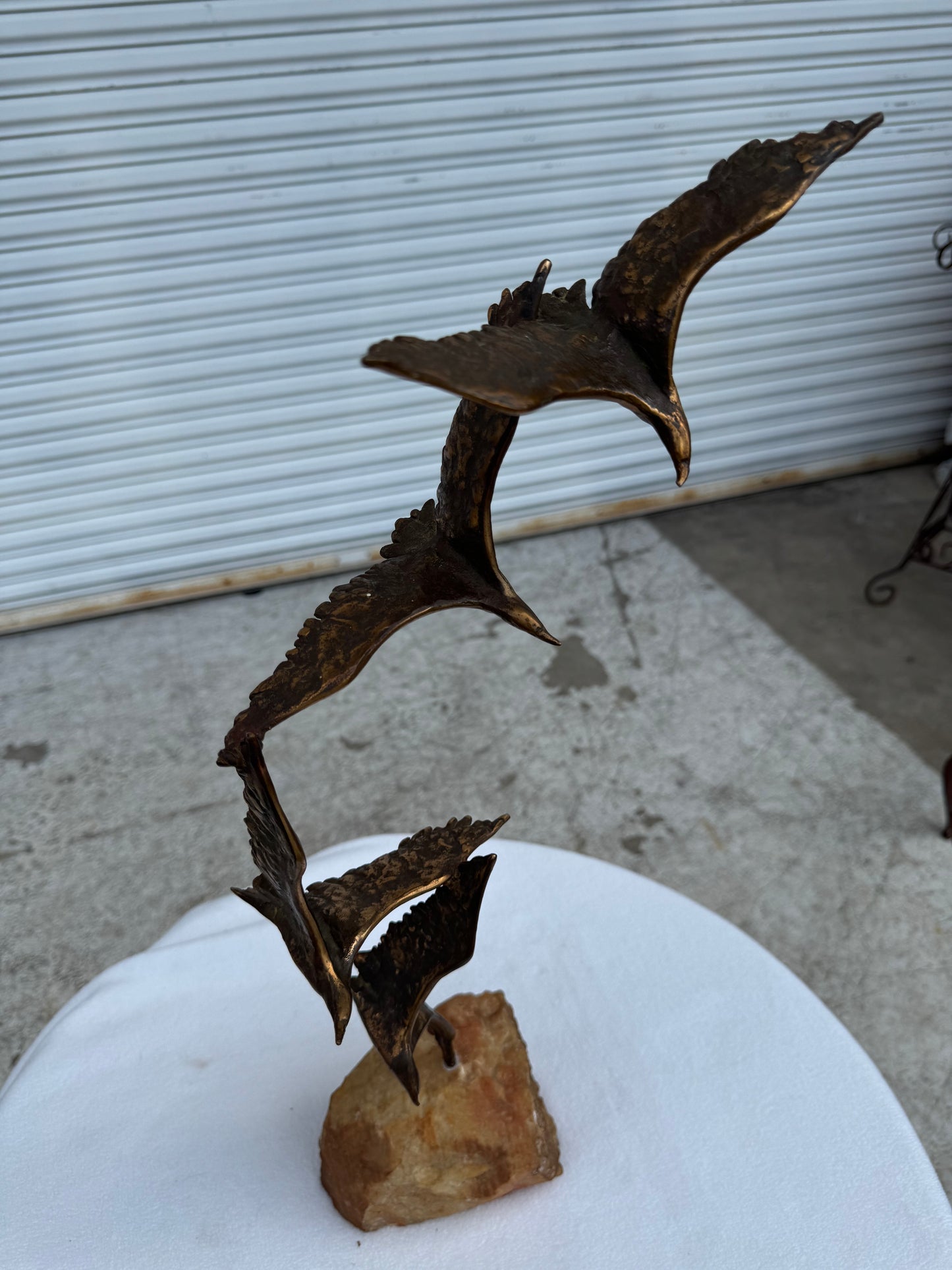 Bronze and Stone Three Birds in Flight Sculpture