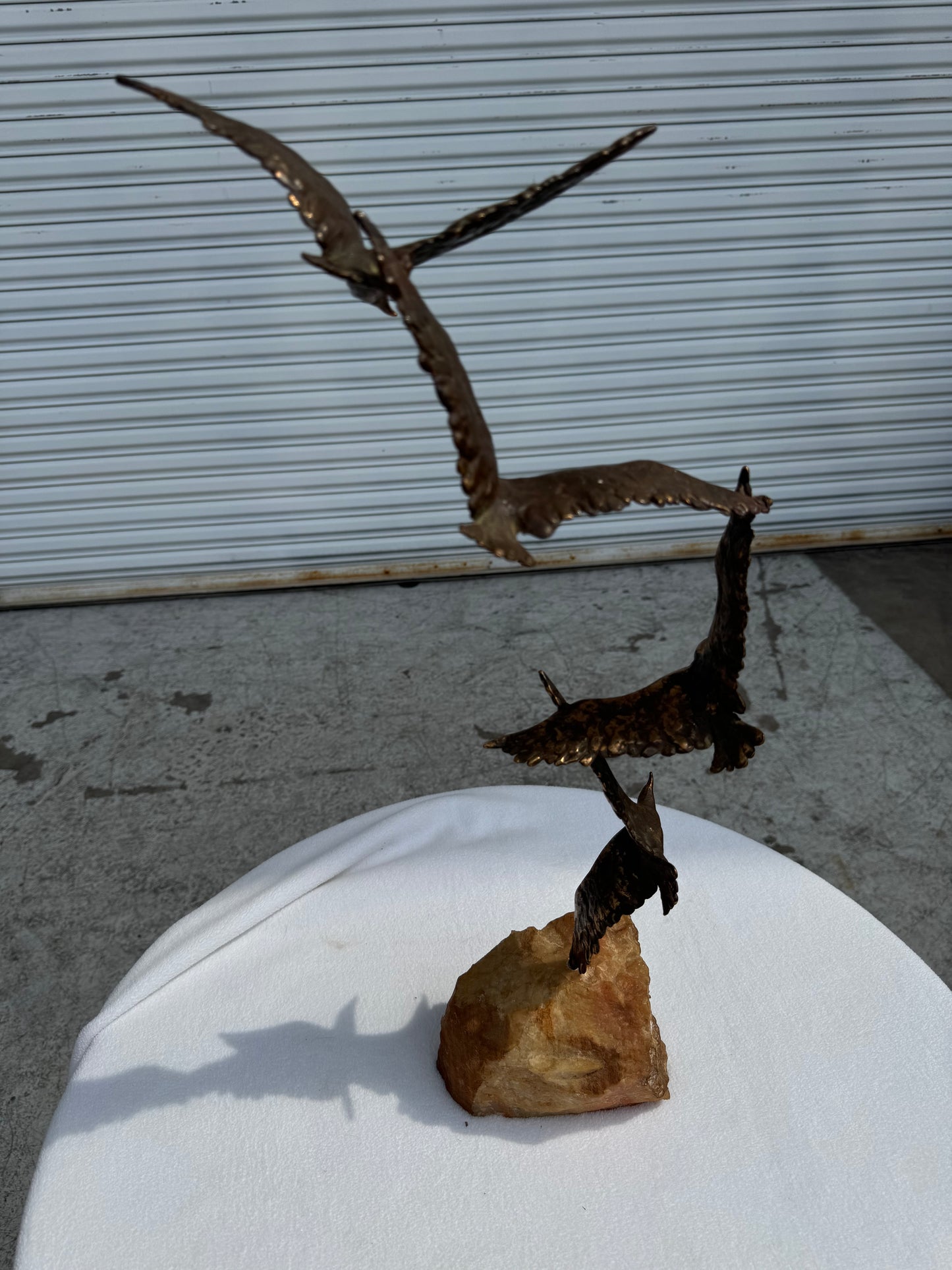 Bronze and Stone Three Birds in Flight Sculpture
