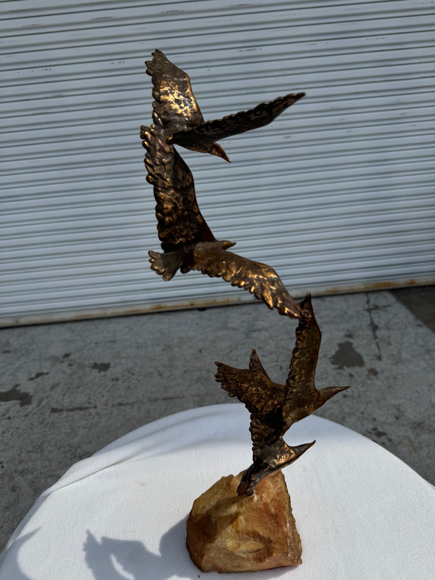 Bronze and Stone Three Birds in Flight Sculpture