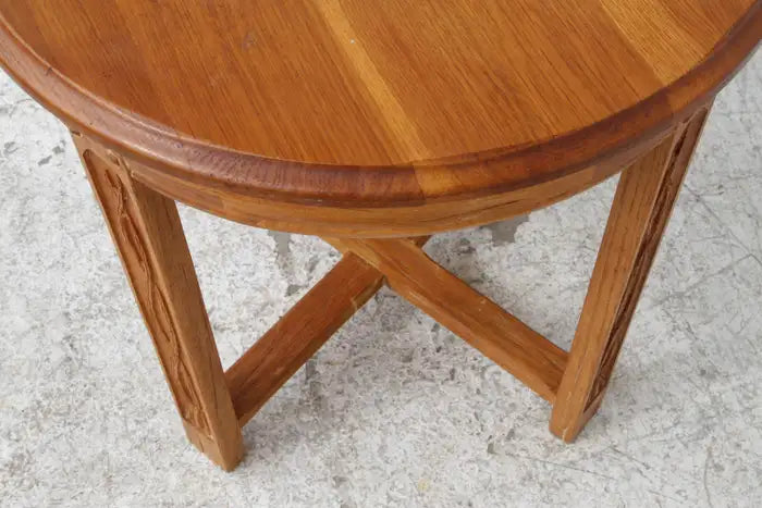 Vintage Mission Oak Round Top Occasional Table w/ Carved Legs and X Base Stretchers