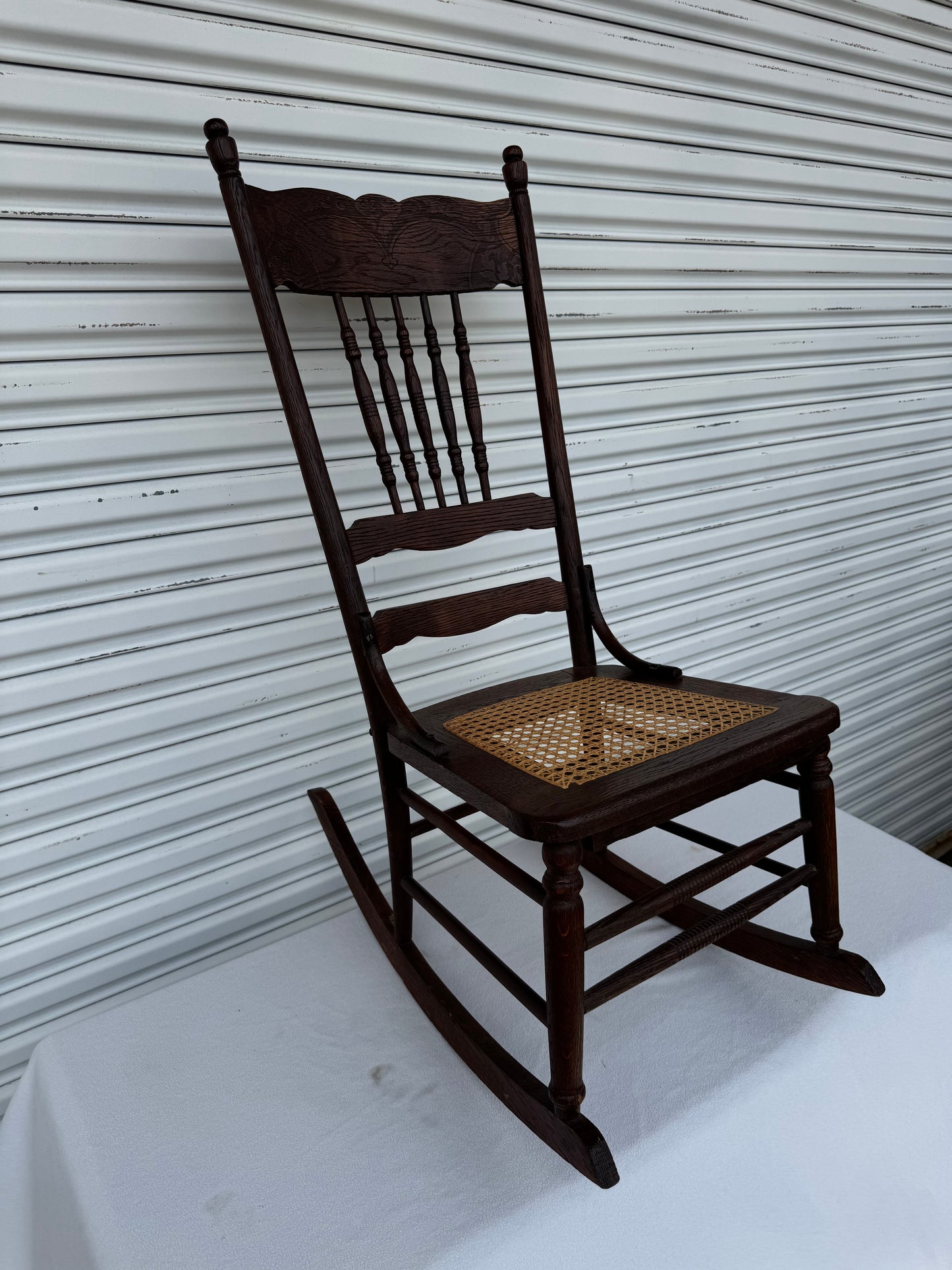 Antique Rocking Chair Solid Oak Cane Seat