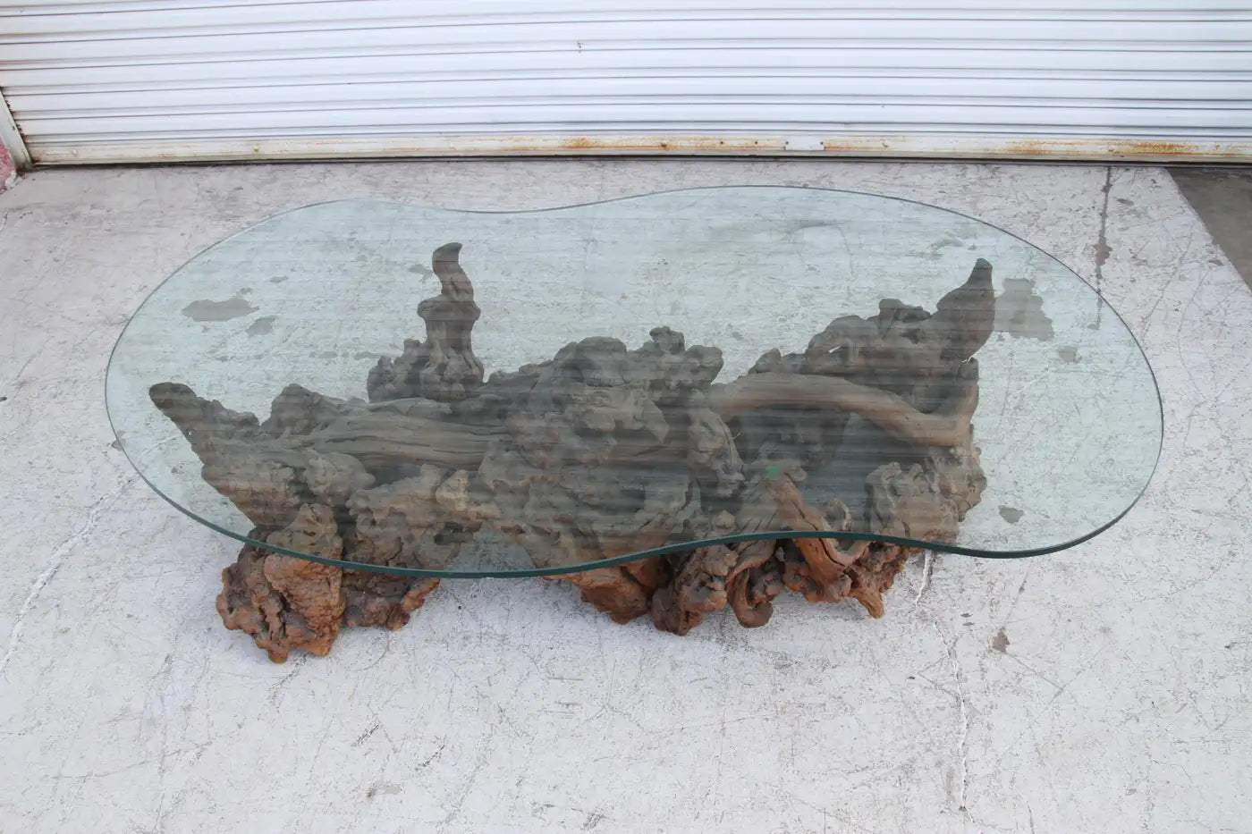 Sculptural tree root coffee table with clear glass