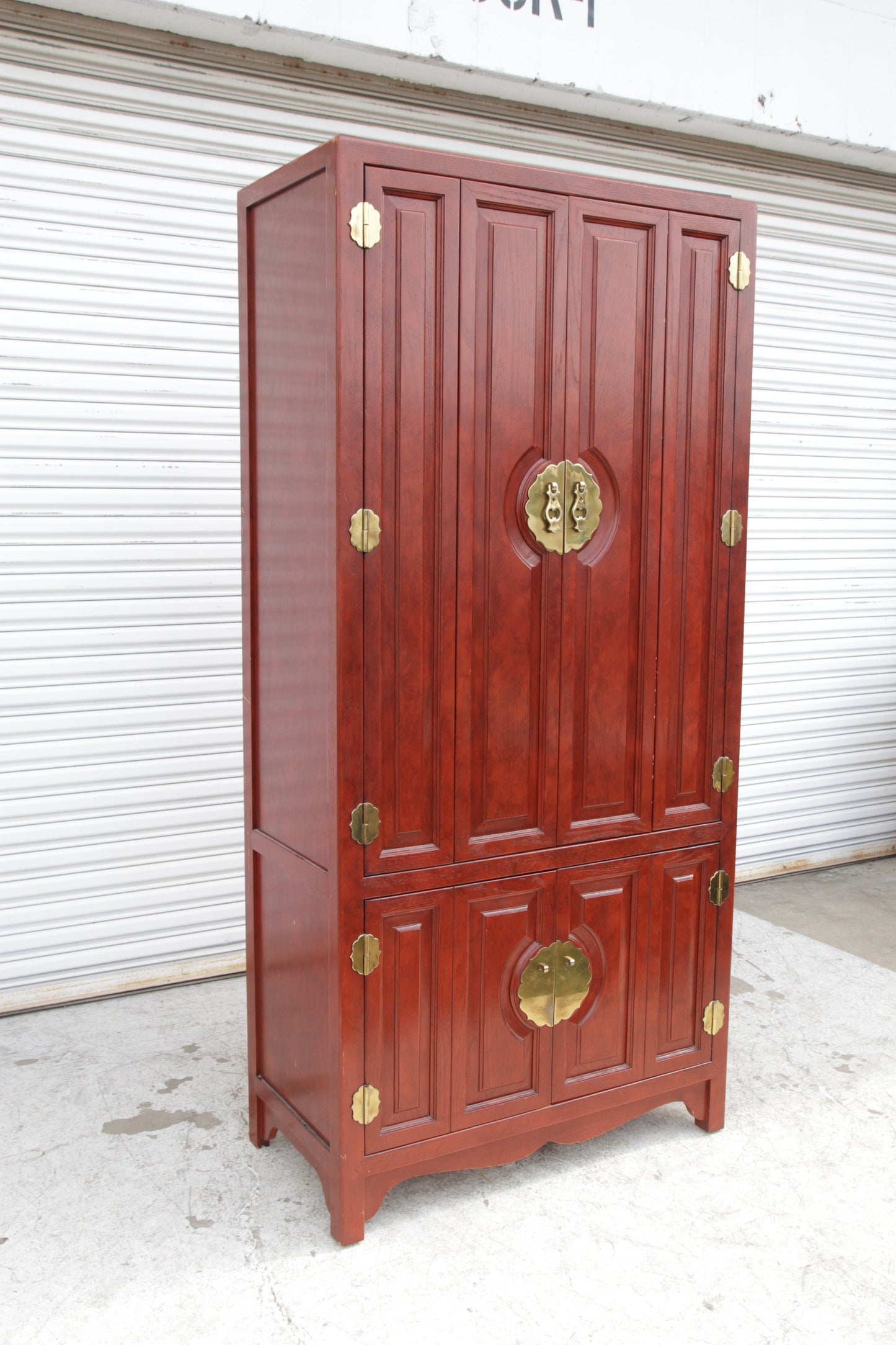 Century Furniture Asian Ming Style Tall Red Lacquer Lighted Dry Bar Cabinet