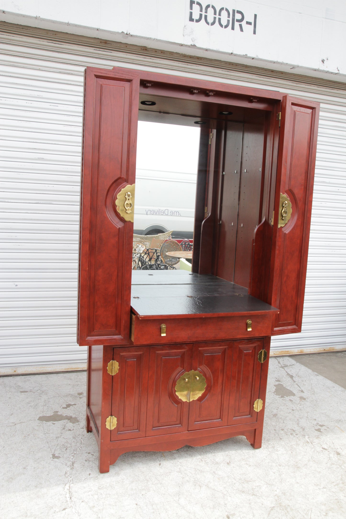 Century Furniture Asian Ming Style Tall Red Lacquer Lighted Dry Bar Cabinet