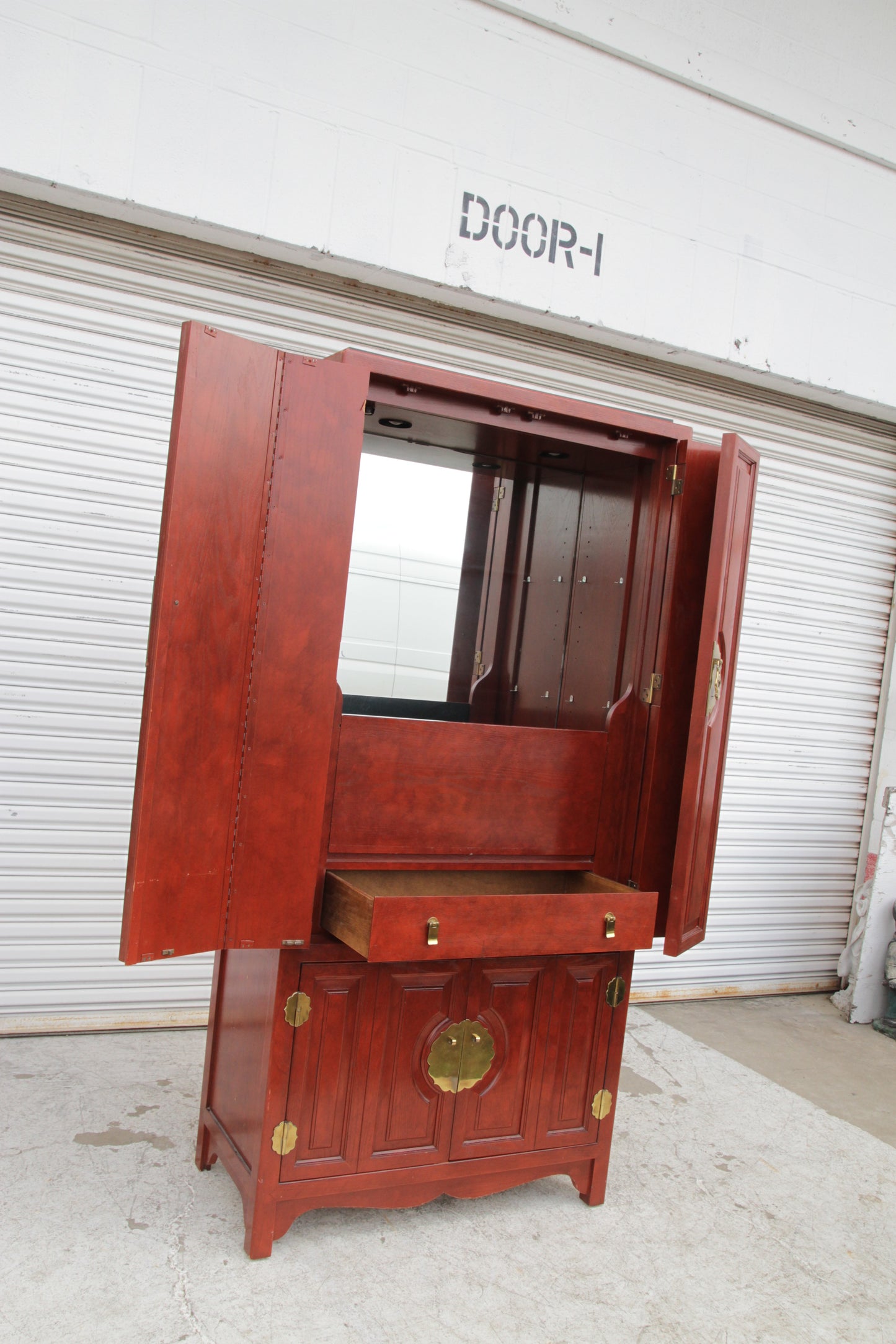Century Furniture Asian Ming Style Tall Red Lacquer Lighted Dry Bar Cabinet