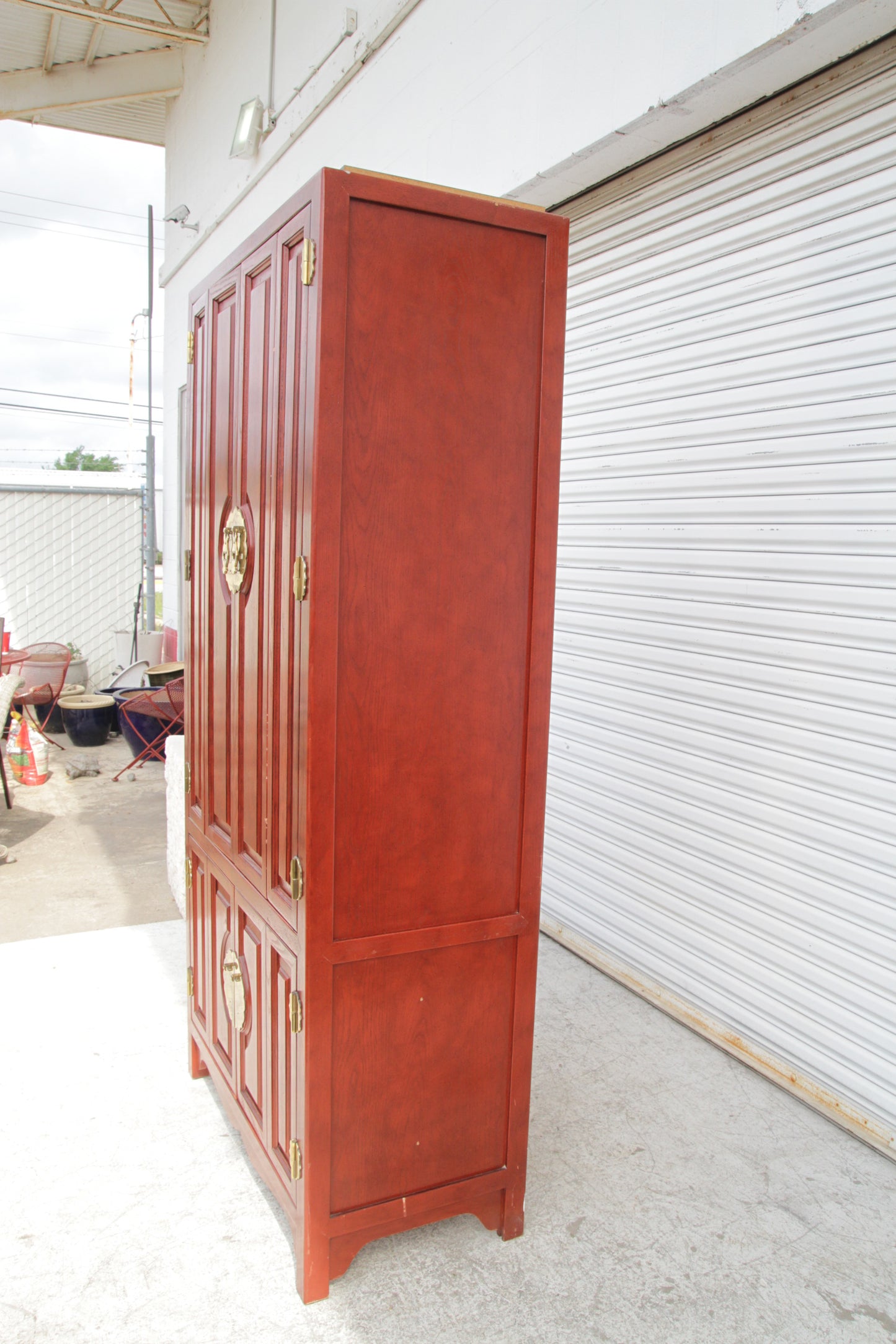 Century Furniture Asian Ming Style Tall Red Lacquer Lighted Dry Bar Cabinet