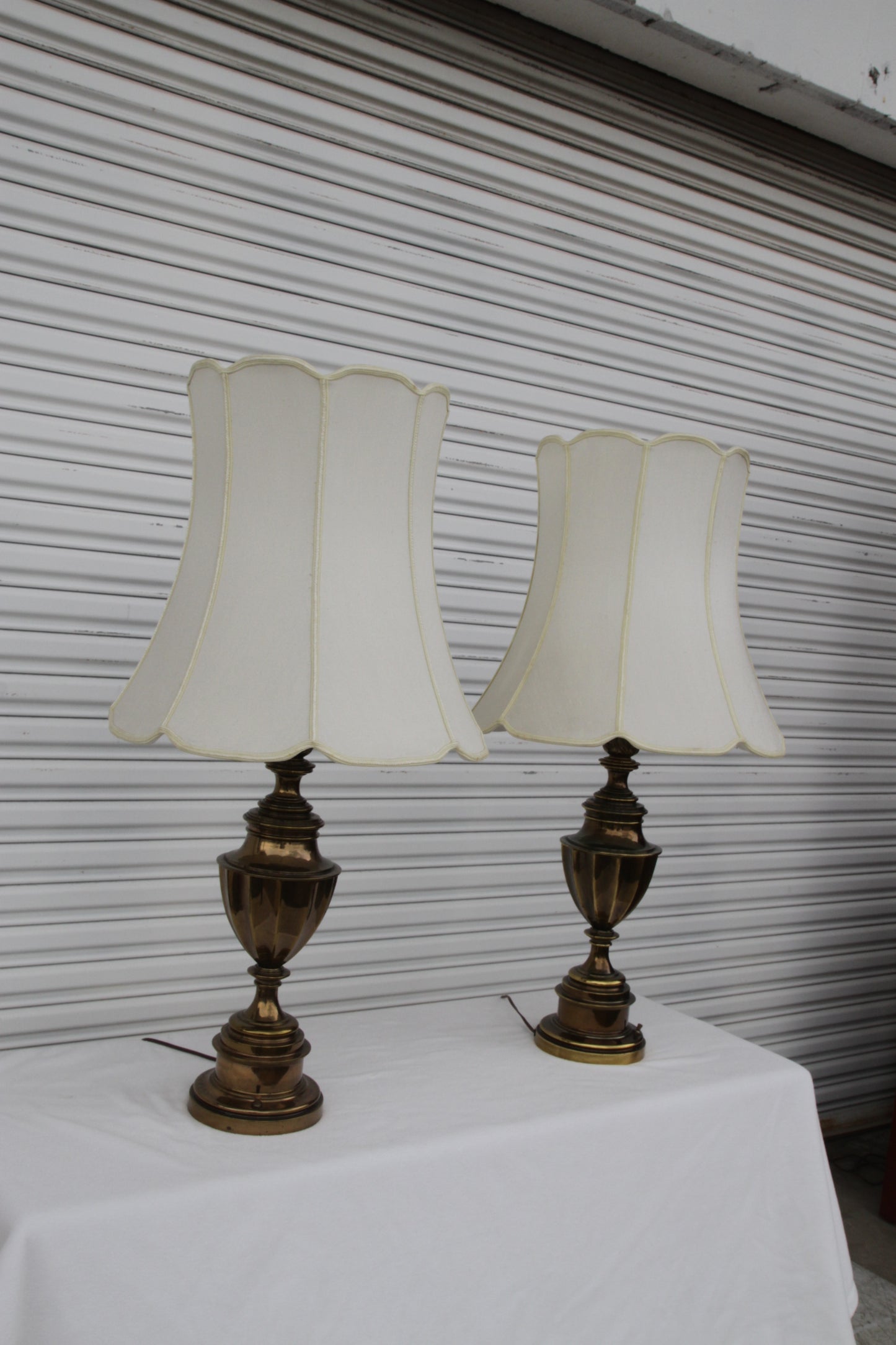 Pair of Solid Brass 12-Sided Trophy Urn Lamp