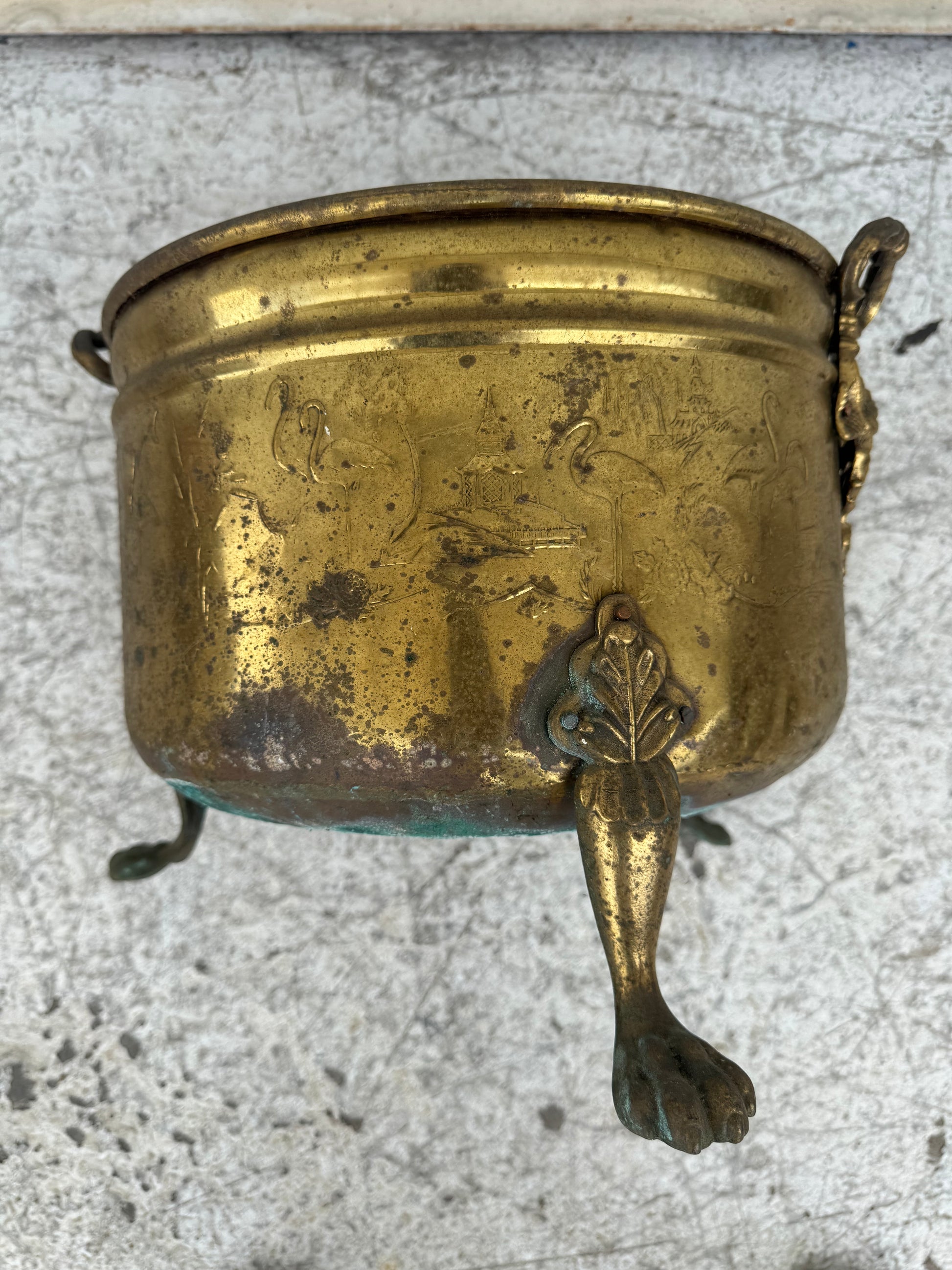 vintage brass planter pot Antique Brass Pot w Brass Legs and Handles