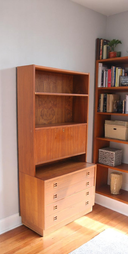 Poul Hundevard Danish Modern Teak 4 Drawer Drop Front Secretary w/ Bookshelf