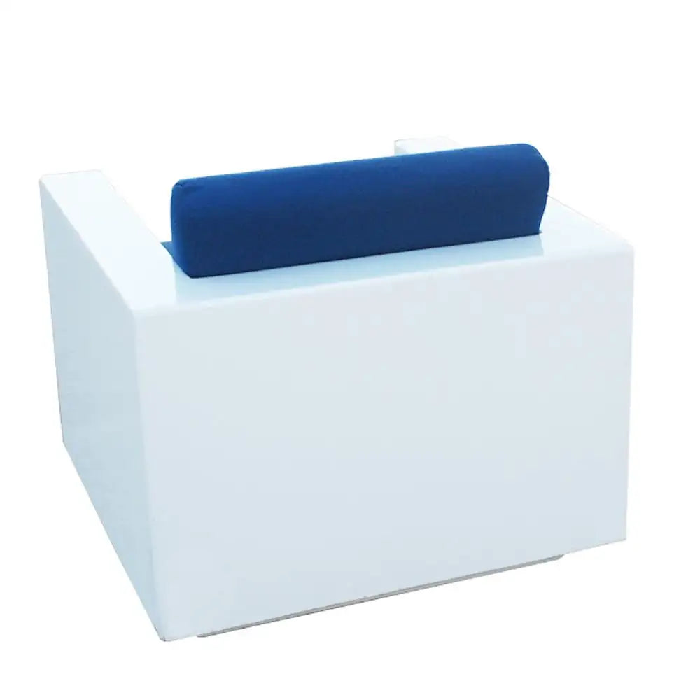 Sculptural modern cube arm chair in blue and white