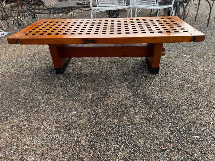 Farmhouse trestle base coffee table with metal grate surface