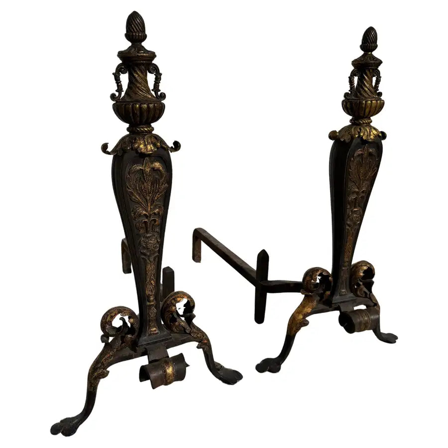 Italian style andirons with acanthus leaf detailing