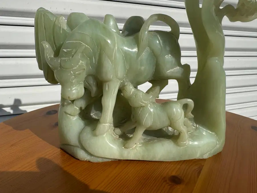 Jade cow and feeding calf stone carving natural décor