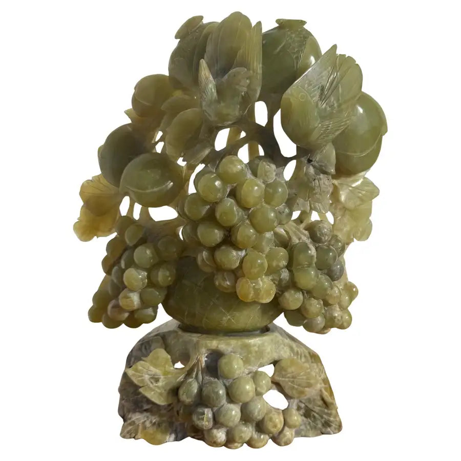 Hand carved jade grapes and birds sculpture decorative accent
