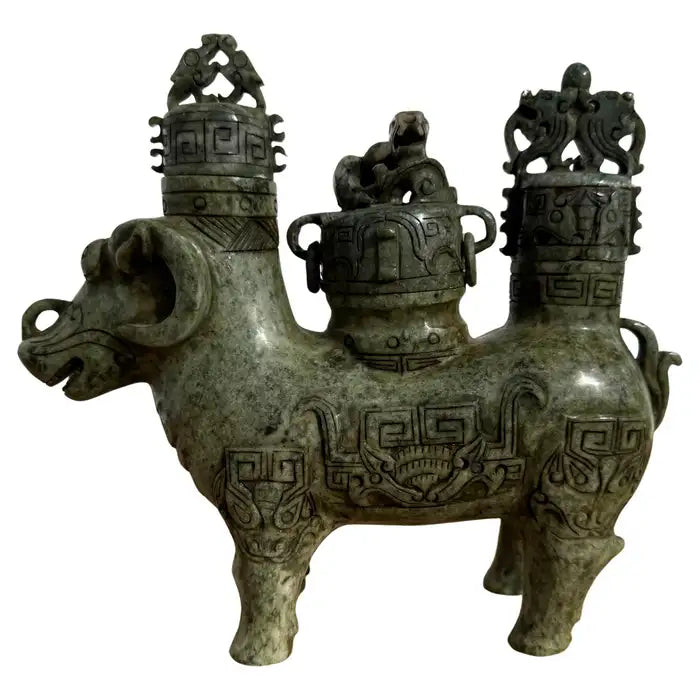 Carved jade ram incense burner with polished stone finish