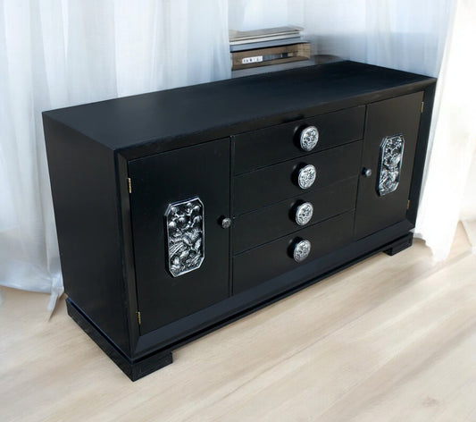 Vintage James Mont ebonized credenza sideboard with silver leaf detailing