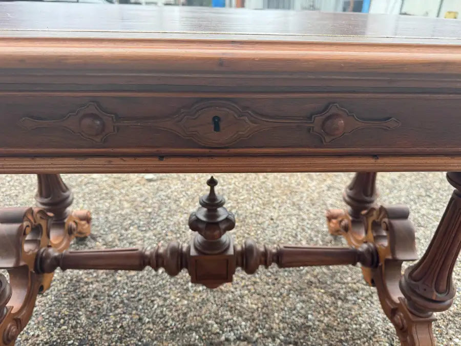 Vintage walnut bureau desk with detailed craftsmanship