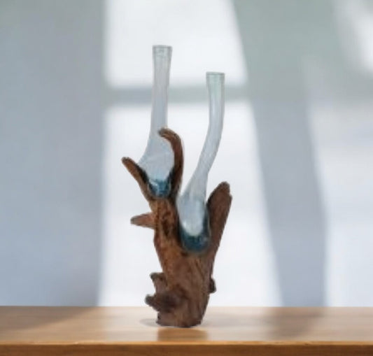 Live-edge root vase sculpture in natural wood