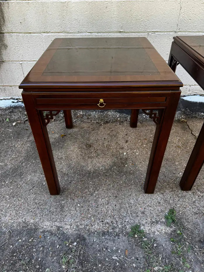 Mahogany end tables with writing surfaces