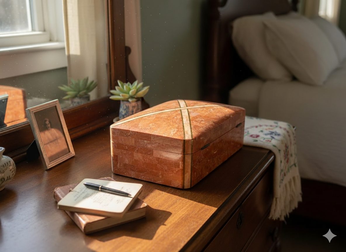 Maitland Smith tessellated marble box with coral pink mosaic surface and brass inlay detail