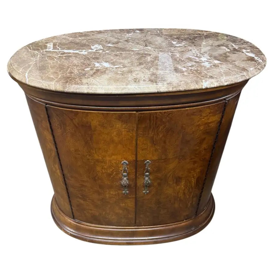 marble top accent cabinet with oval shape and wood base