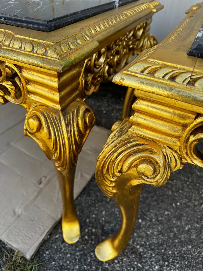 Vintage side tables marble tops gold leaf wood craftsmanship