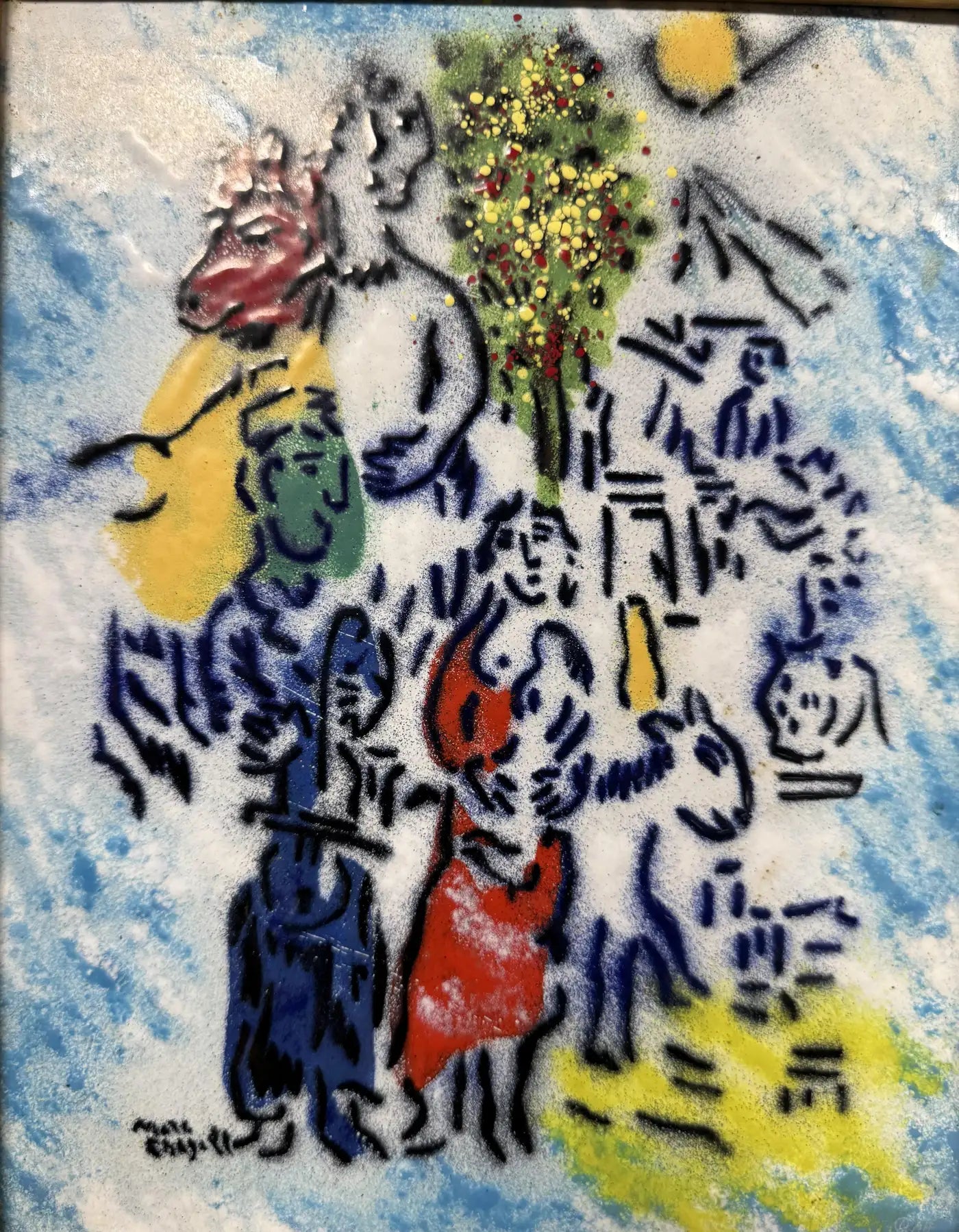 Chagall-style dreamlike figures in blue, red, yellow, and green enamel