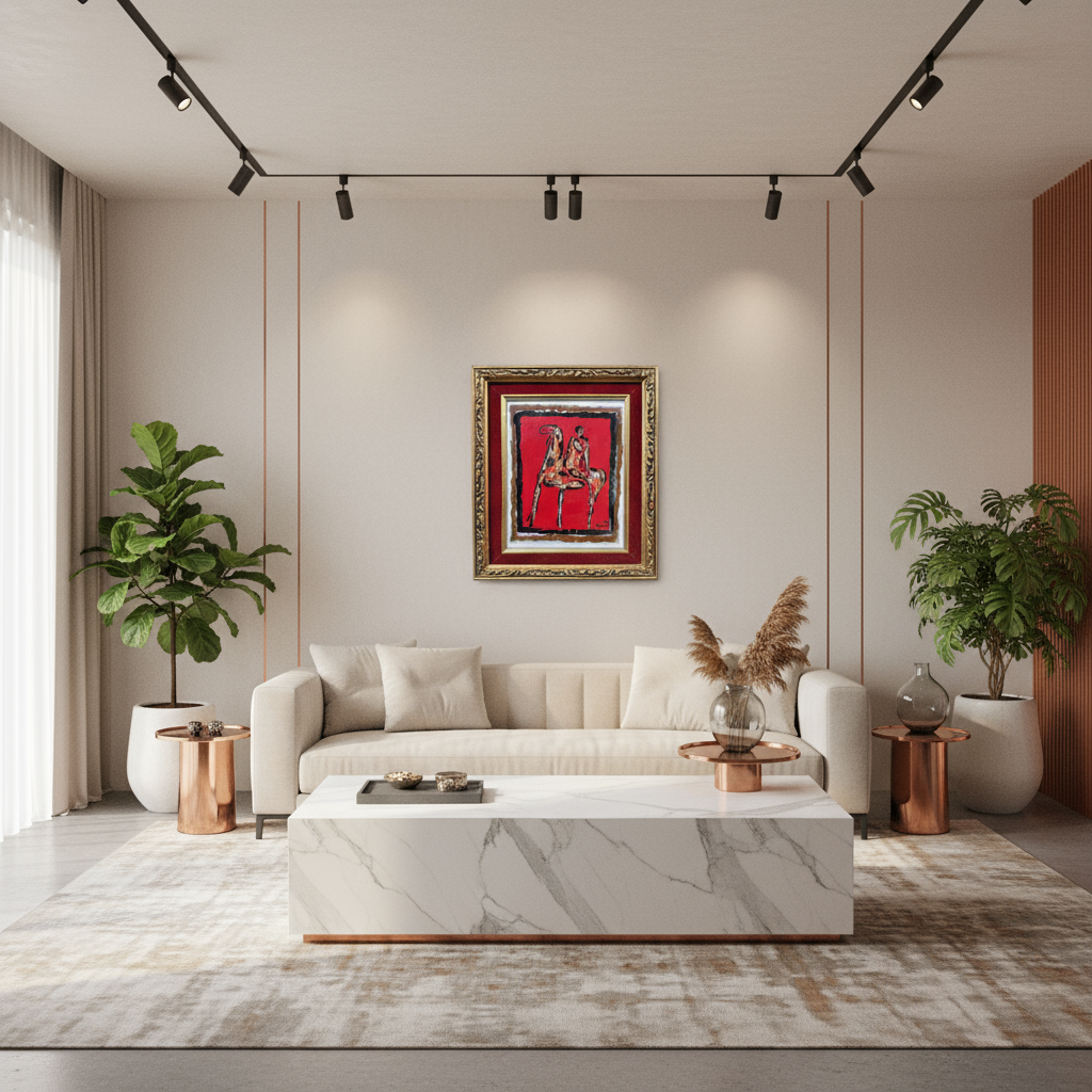 Marino Marini enamel copper plate with abstract horse and rider, red background