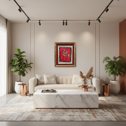 Marino Marini enamel copper plate with abstract horse and rider, red background