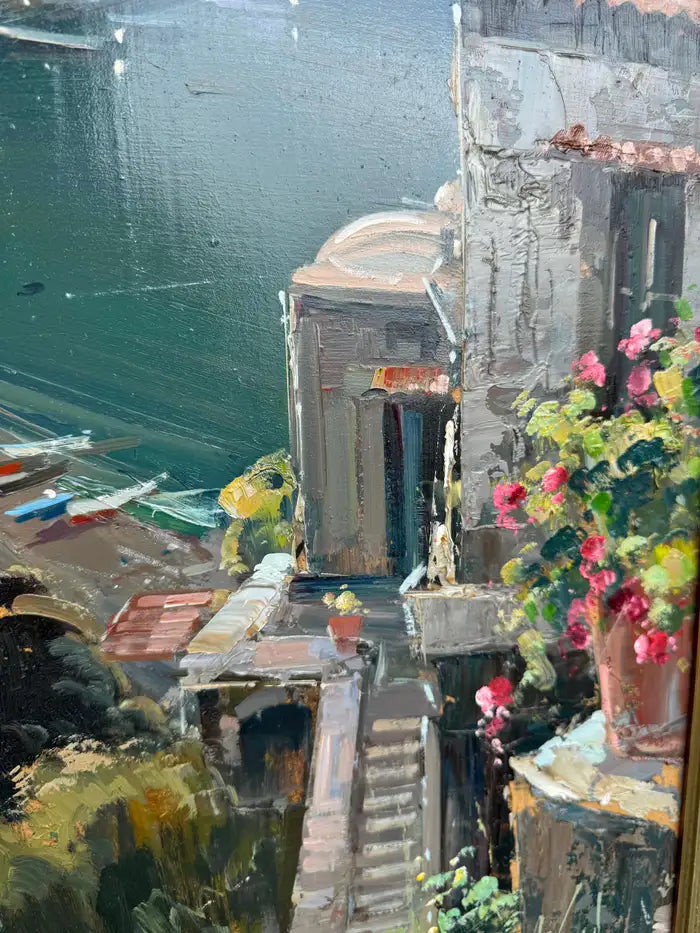 Vintage seascape painting Italy coastal village view