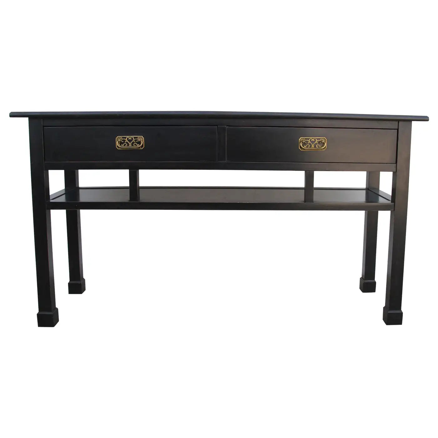 Double drawer ebonized entry table Baker style