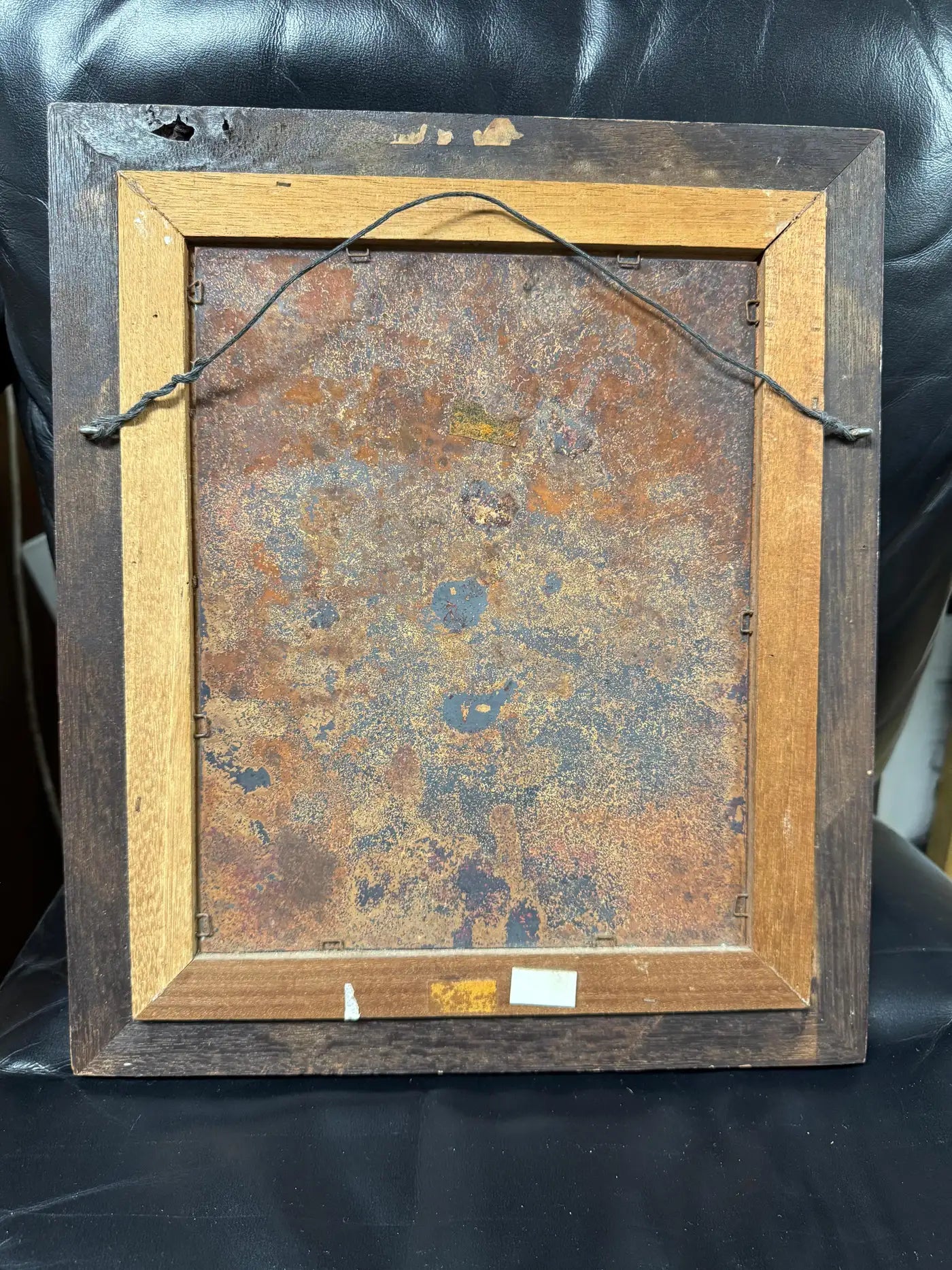 Chagall-inspired surrealist animal and human character scene enamel art