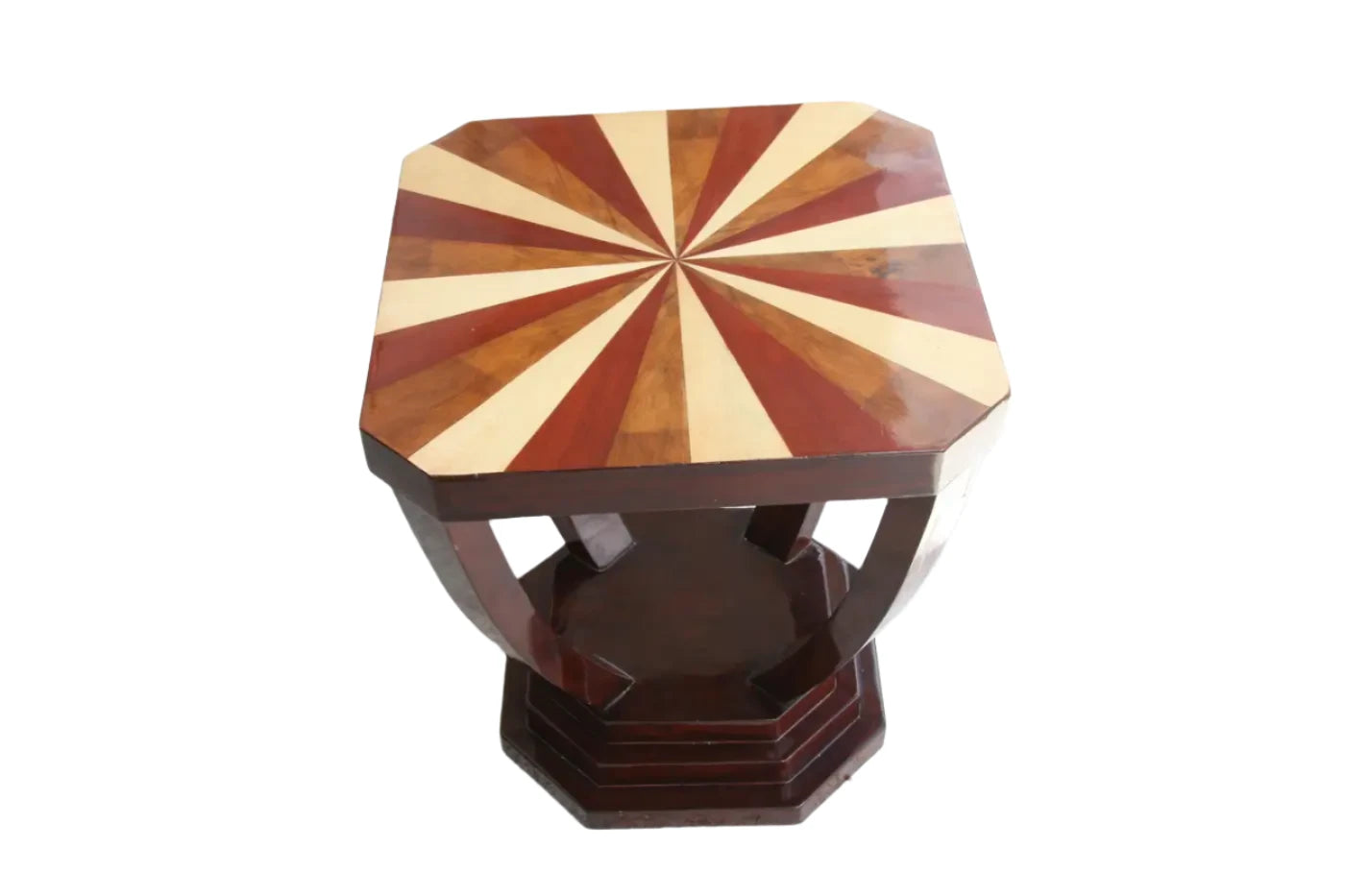 Geometric wood inlaid side tables with bold art deco motif