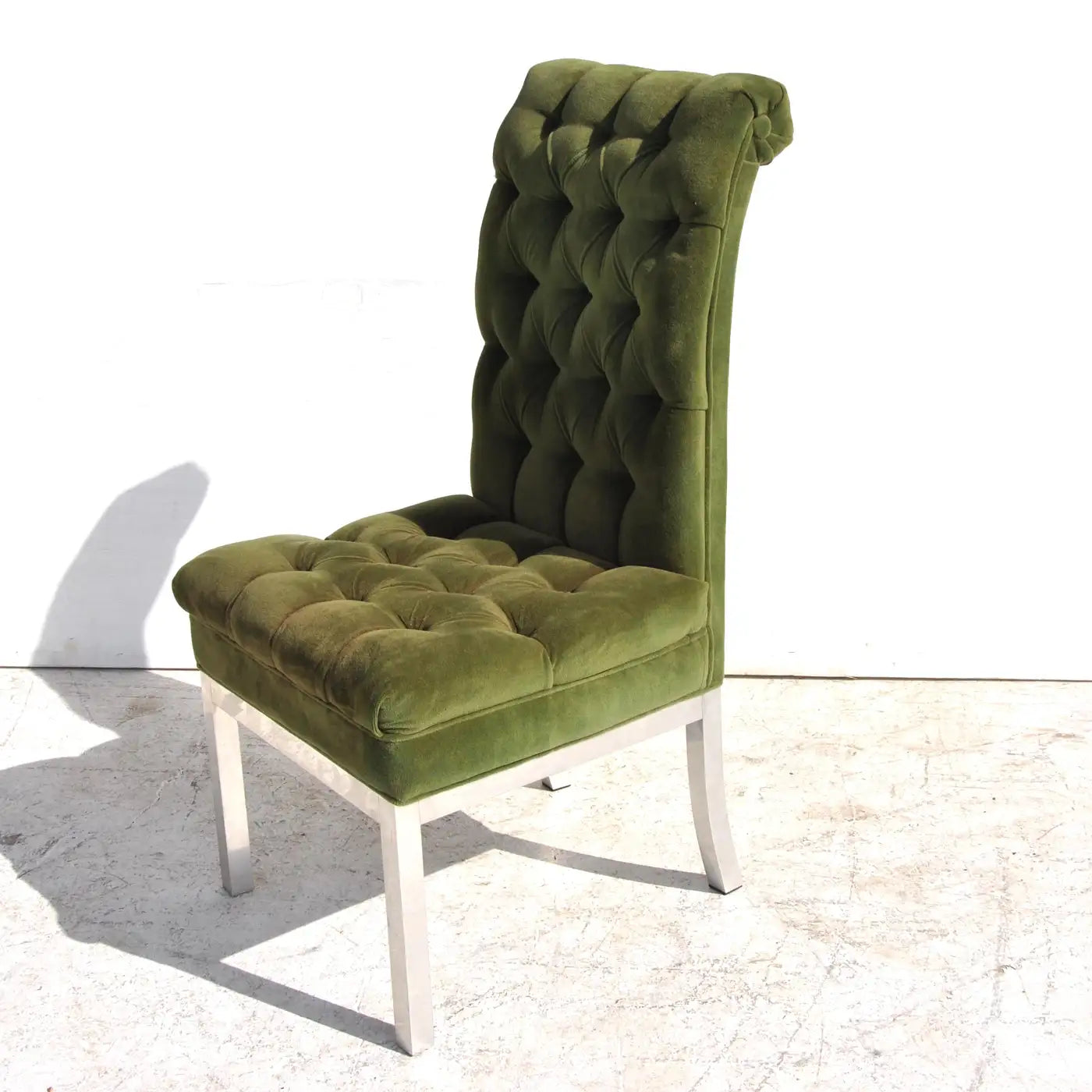 Chrome base green velvet highback dining chair luxury