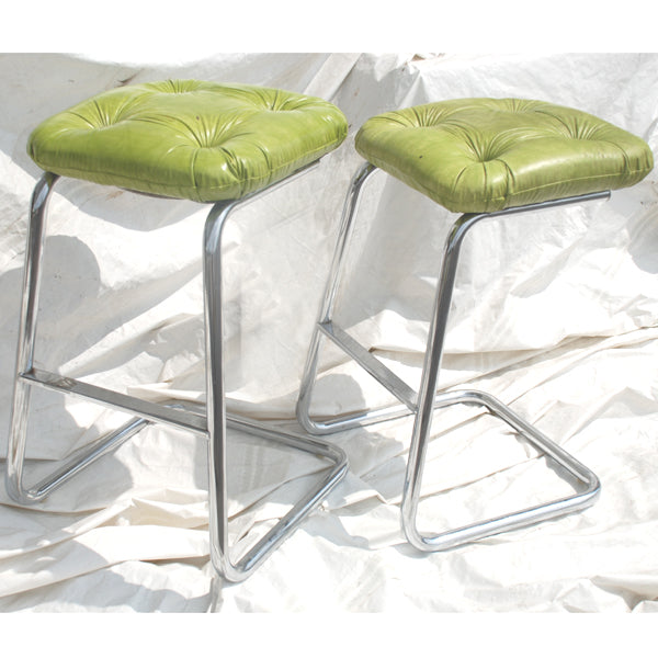 Vintage cantilever tubular chrome stools green vinyl Metro Retro
