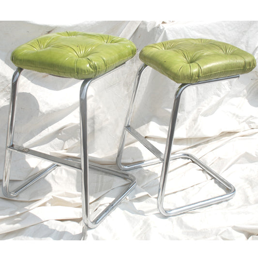Vintage cantilever tubular chrome stools green vinyl Metro Retro