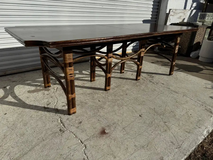 Mid century expandable teak dining table with natural bamboo frame
