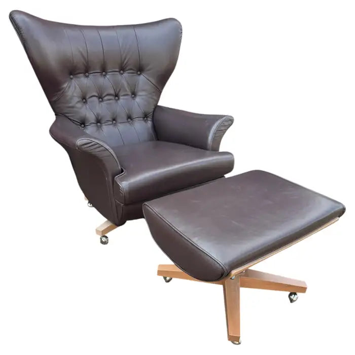 Mid century brown leather swivel lounge chair with ottoman