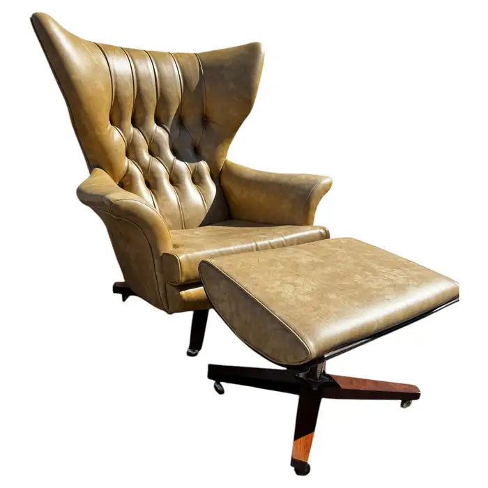Mid century cream leather swivel lounge chair with ottoman