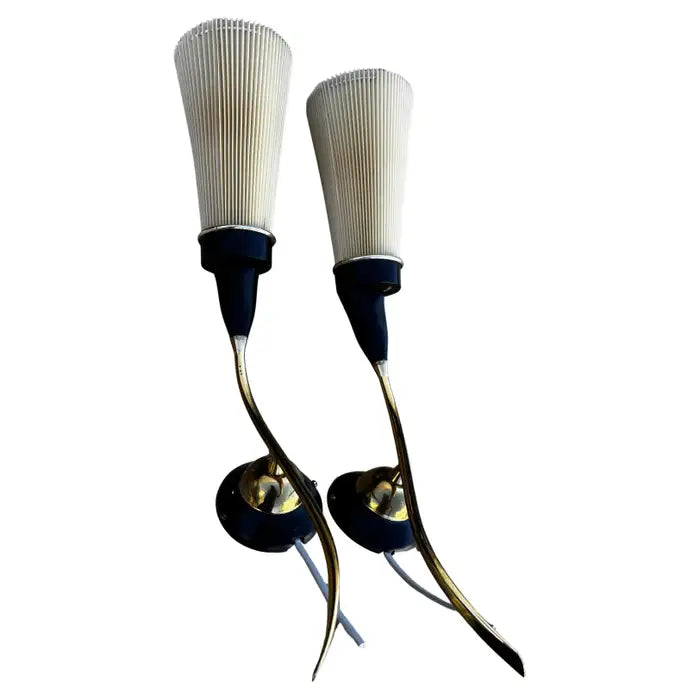 Mid century Danish wall sconce in brass and wood with pleated shade