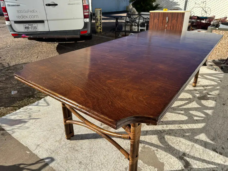 Expandable mid century dining table with teak grain top