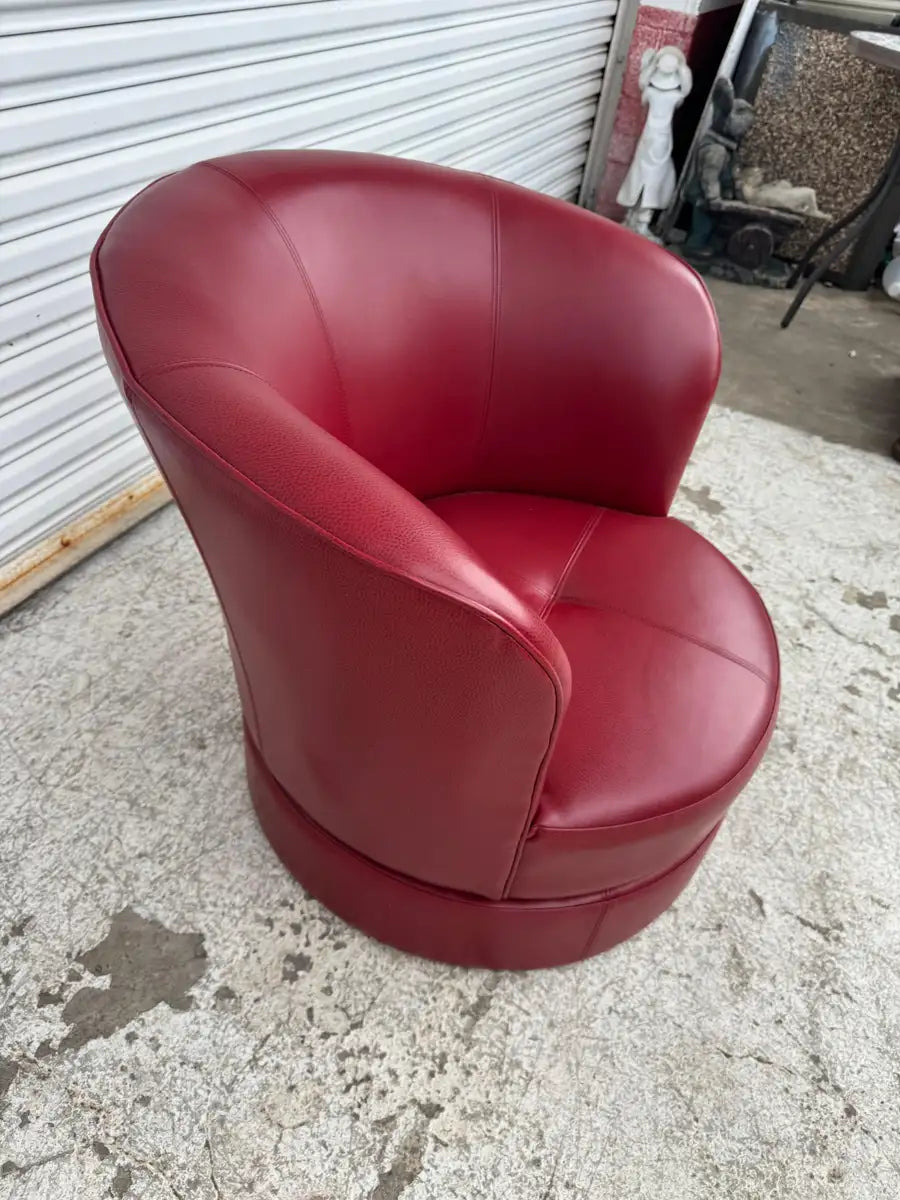 mid century modern red leather accent chair with curved back