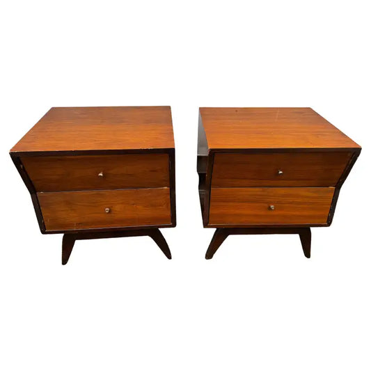 Mid century walnut nightstands with sculpted design