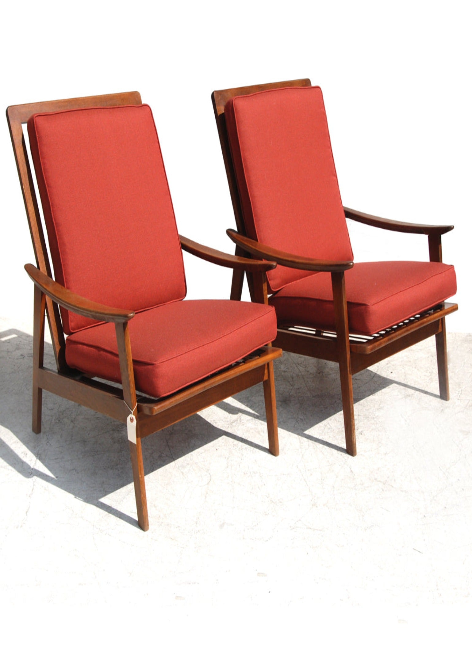 Mid century modern teak frame lounge chairs pair