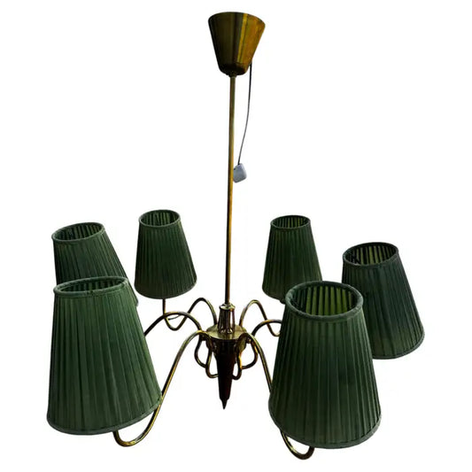 Mid century walnut and brass chandelier