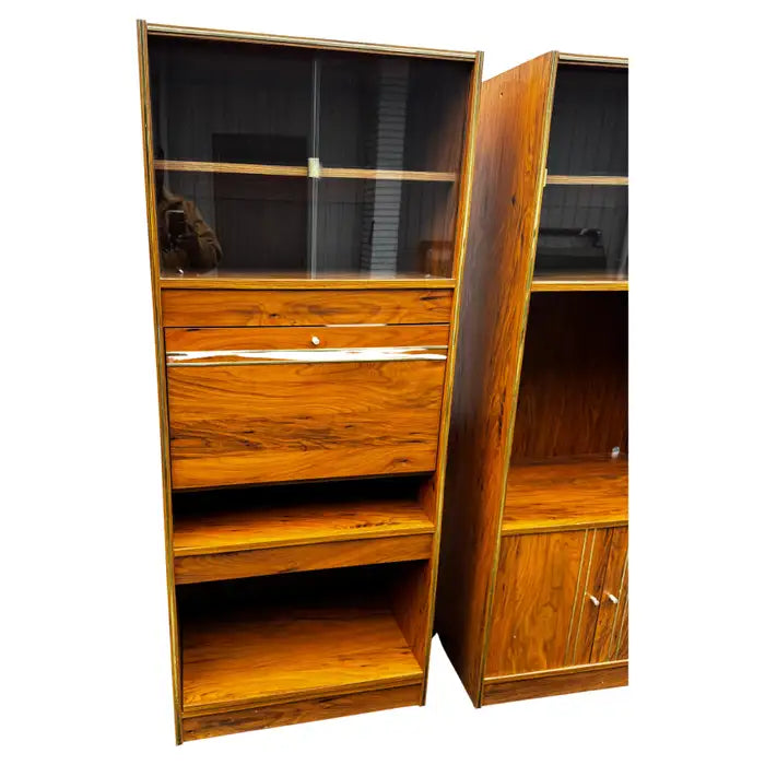 Drop front bar cabinet glass shelving design